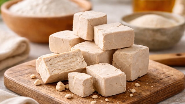 Close up of fresh yeast cubes stacked on a wooden board, with one cube cut open to show its soft texture