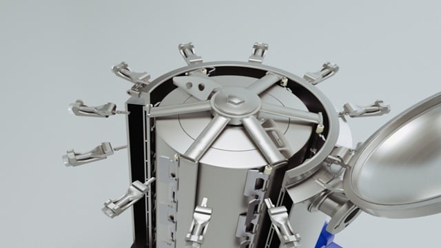 Industrial cylindrical device with clamps and radial arms, hinged lid open, equipment for sample processing or testing